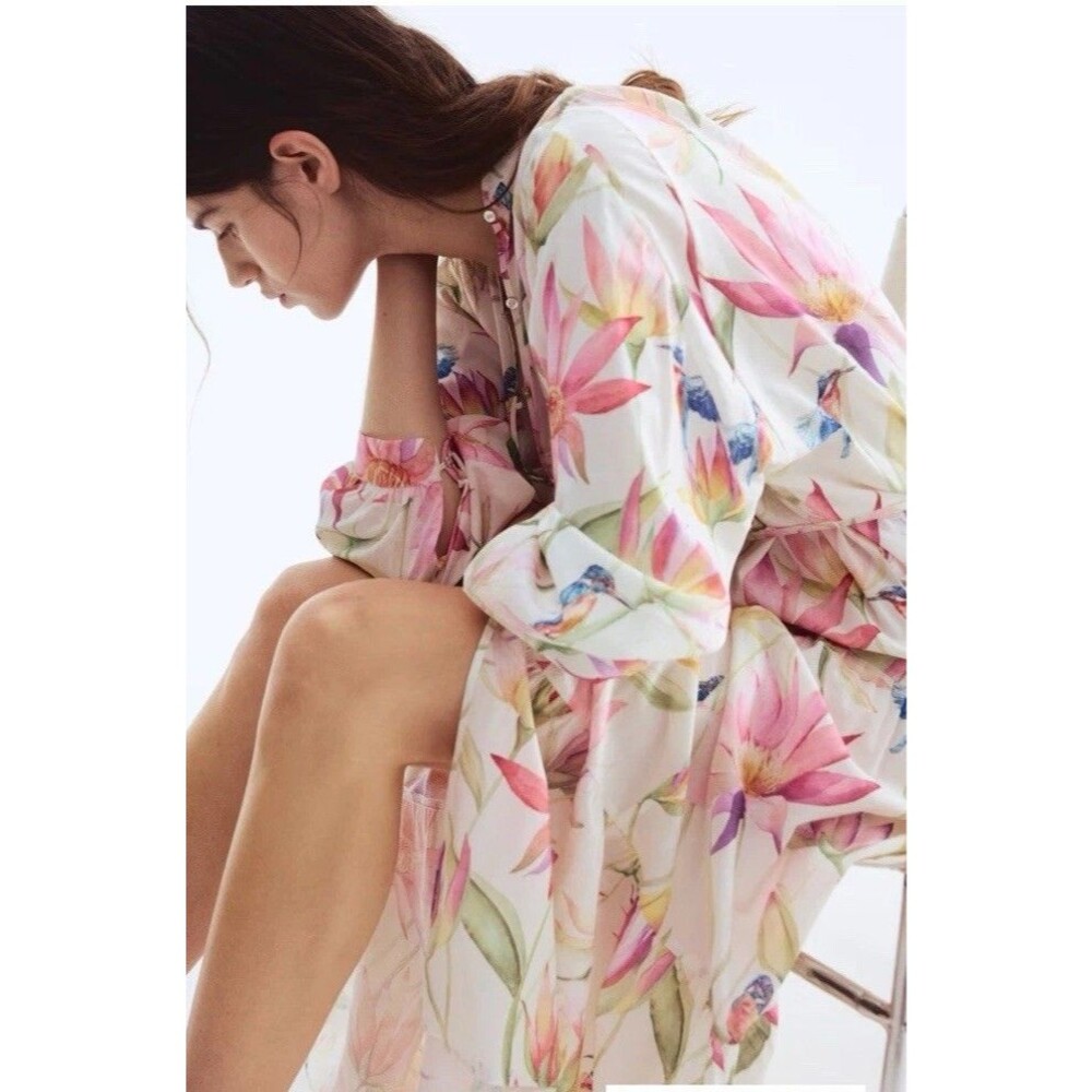 NWT H&M Limited Edition TIERED MAXI DRESS White Colorful Print Flowy Long Button